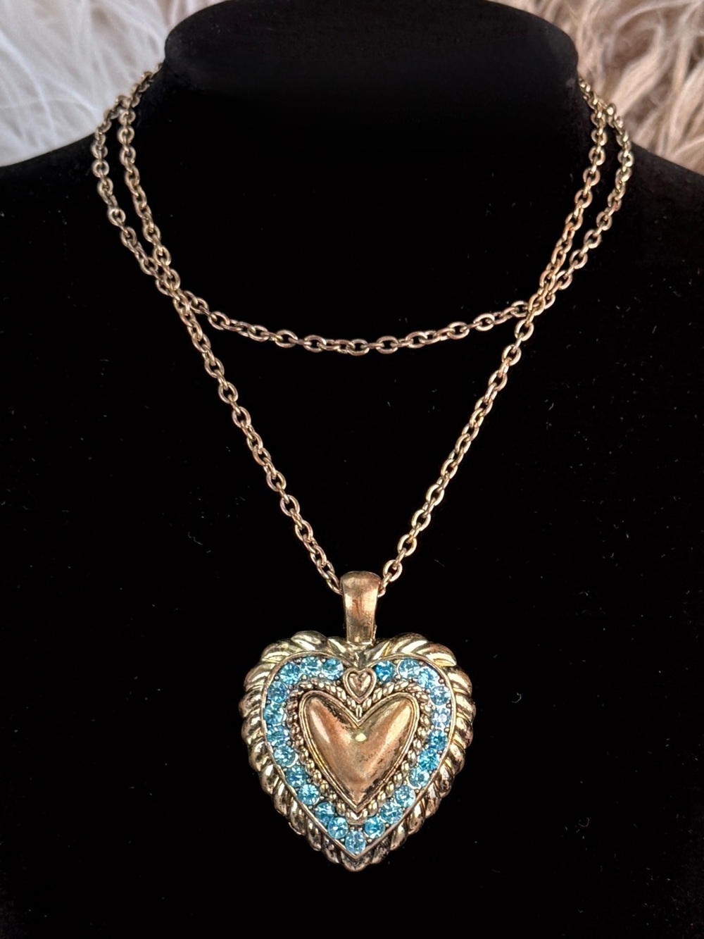 Vintage Heart Pendant Necklace Gold Tone Aqua Accent Statement Necklace